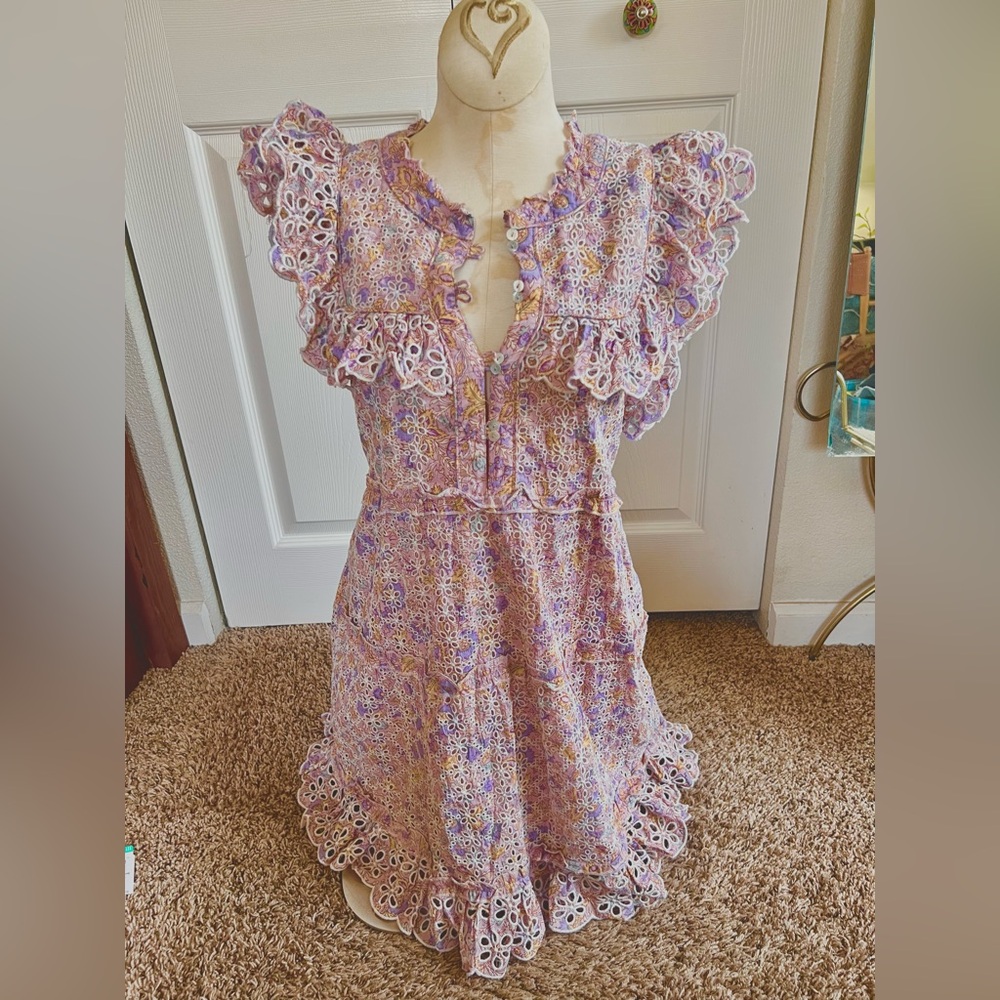 House of Harlow Eyelet Ruffle Lavender Pink Floral Cottagecore 100% Cotton Dress